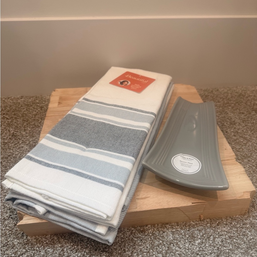 Bluish Gray Striped Kitchen Towel Set with Unique Designed Spoon Rest